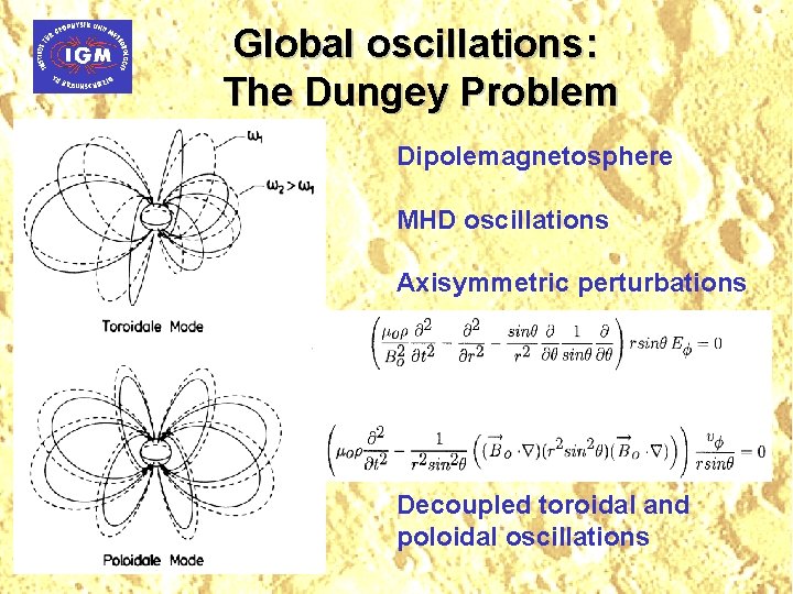 Global oscillations: The Dungey Problem Dipolemagnetosphere MHD oscillations Axisymmetric perturbations Decoupled toroidal and poloidal