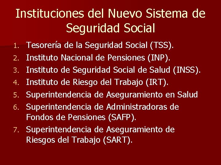 Instituciones del Nuevo Sistema de Seguridad Social 1. 2. 3. 4. 5. 6. 7.