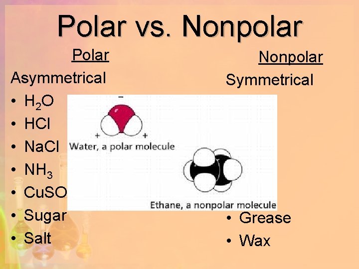 Polar vs. Nonpolar Polar Asymmetrical • H 2 O • HCl • Na. Cl