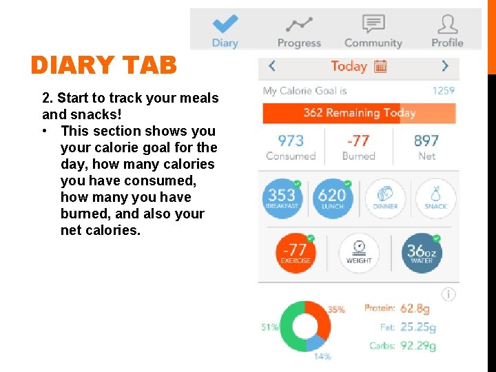 DIARY TAB 2. Start to track your meals and snacks! • This section shows DIARY TAB 2. Start to track your meals and snacks! • This section shows