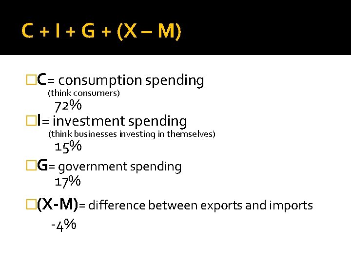 C + I + G + (X – M) �C= consumption spending (think consumers)