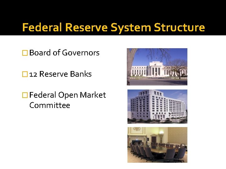Federal Reserve System Structure � Board of Governors � 12 Reserve Banks � Federal