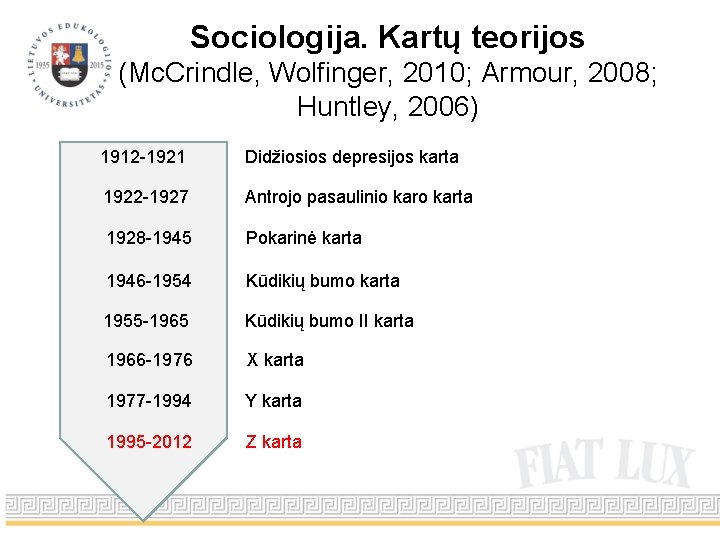 Sociologija. Kartų teorijos (Mc. Crindle, Wolfinger, 2010; Armour, 2008; Huntley, 2006) 1912 -1921 Didžiosios