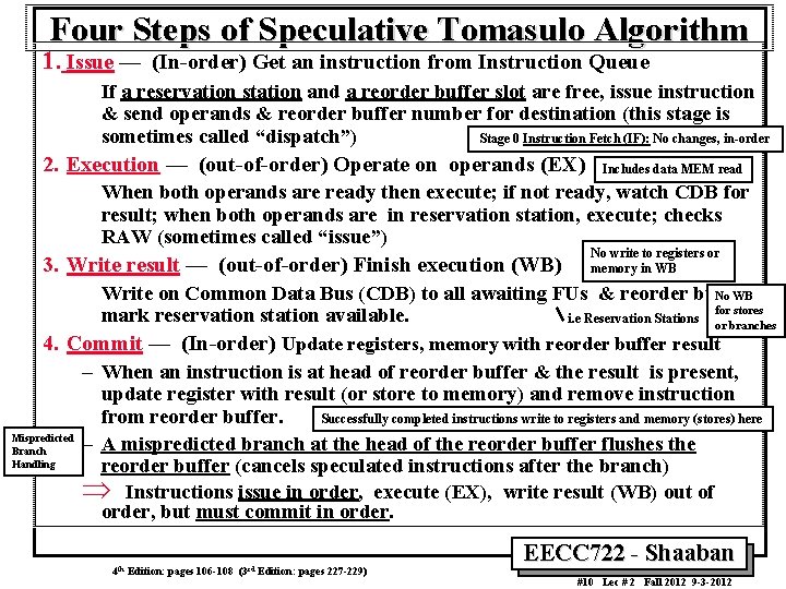 Four Steps of Speculative Tomasulo Algorithm 1. Issue — (In-order) Get an instruction from