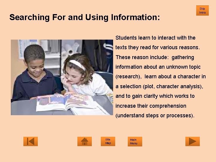 Searching For and Using Information: Skip Intro Students learn to interact with the texts