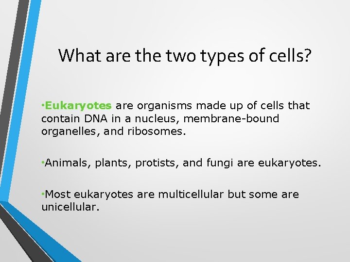 What are the two types of cells? • Eukaryotes are organisms made up of