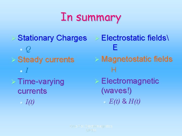 In summary Ø Stationary Charges l Q Ø Steady currents l E Ø Magnetostatic