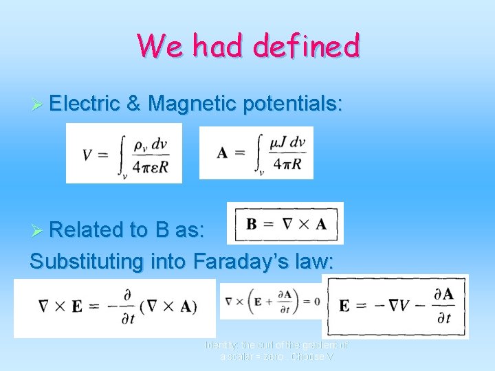 We had defined Ø Electric & Magnetic potentials: Ø Related to B as: Substituting