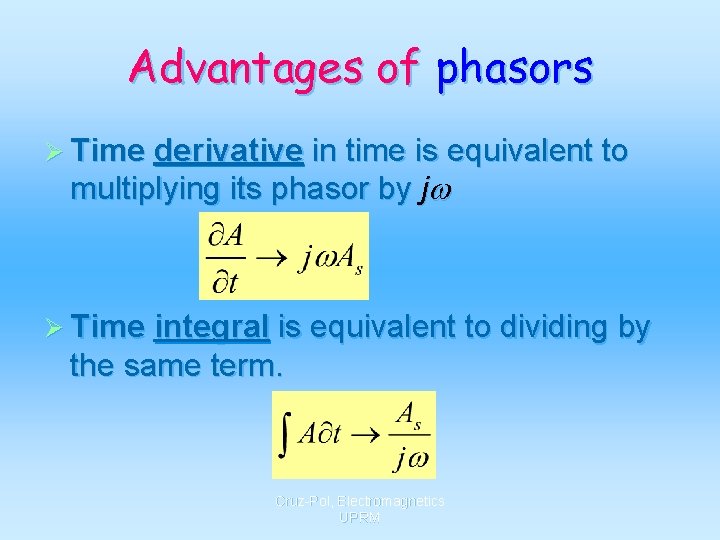 Advantages of phasors Ø Time derivative in time is equivalent to multiplying its phasor
