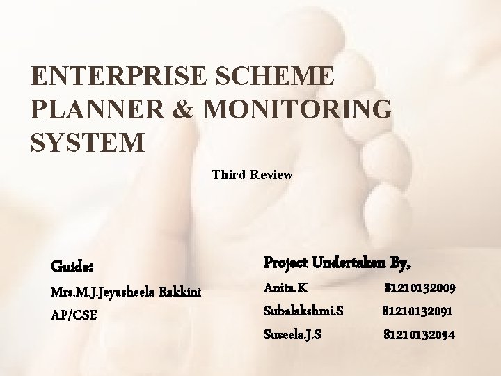 ENTERPRISE SCHEME PLANNER & MONITORING SYSTEM Third Review Guide: Mrs. M. J. Jeyasheela Rakkini
