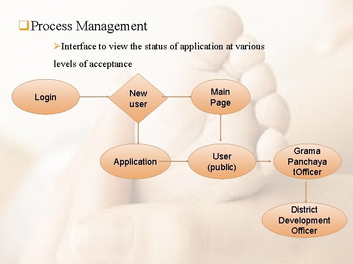 q. Process Management ØInterface to view the status of application at various levels of