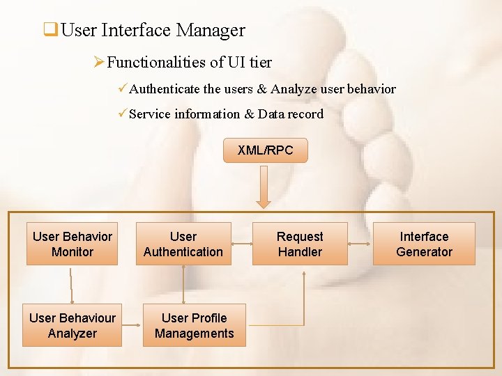 q. User Interface Manager ØFunctionalities of UI tier üAuthenticate the users & Analyze user