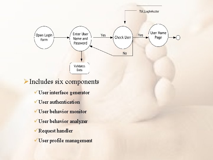 ØIncludes six components üUser interface generator üUser authentication üUser behavior monitor üUser behavior analyzer