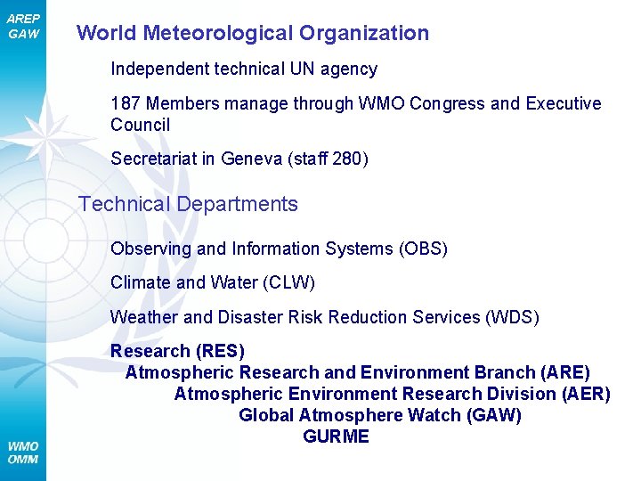 AREP GAW World Meteorological Organization Independent technical UN agency 187 Members manage through WMO