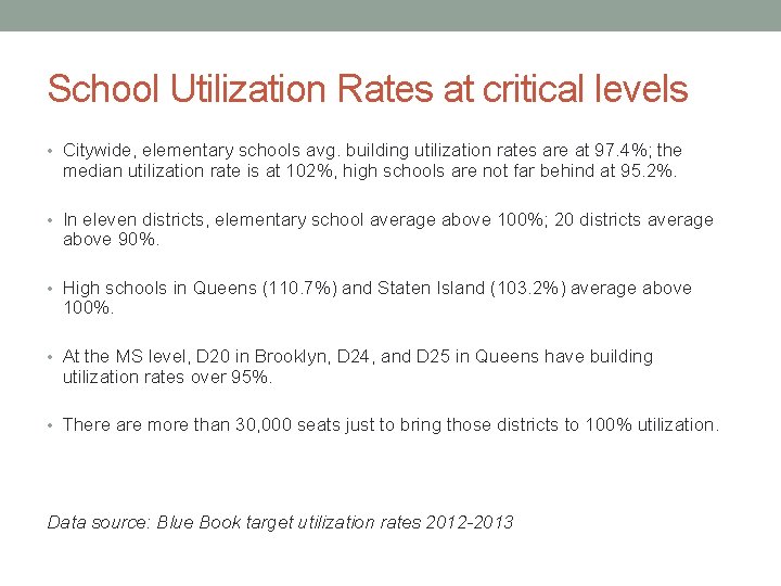 School Utilization Rates at critical levels • Citywide, elementary schools avg. building utilization rates