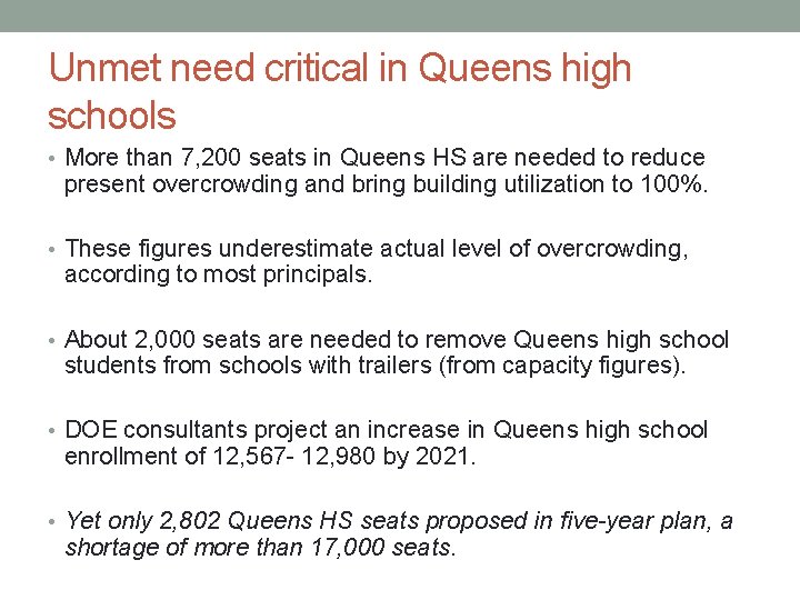 Unmet need critical in Queens high schools • More than 7, 200 seats in