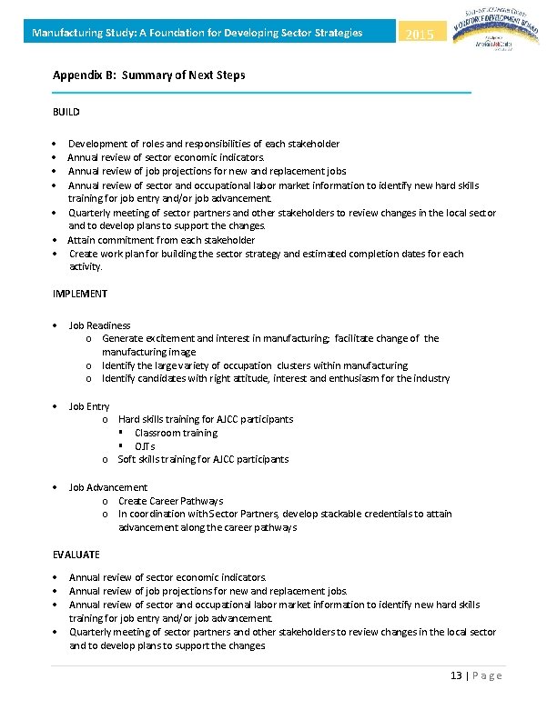Manufacturing Study: A Foundation for Developing Sector Strategies 2015 Appendix B: Summary of Next