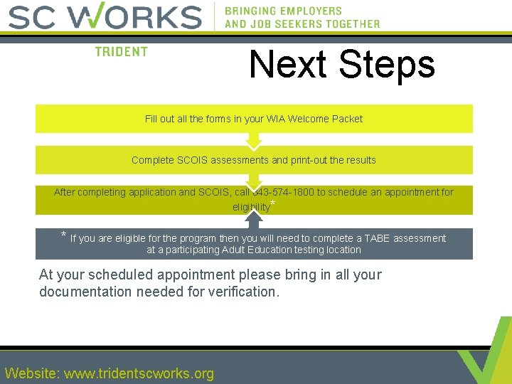 Next Steps Fill out all the forms in your WIA Welcome Packet Complete SCOIS