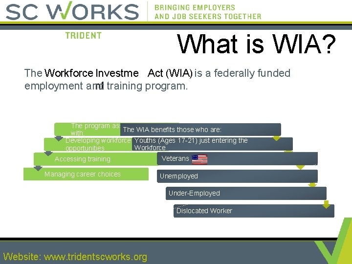 What is WIA? The Workforce Investme Act (WIA) is a federally funded employment and