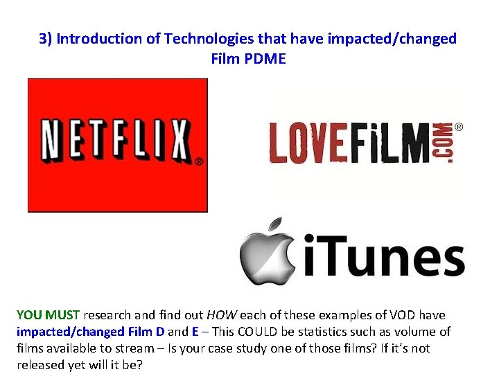 3) Introduction of Technologies that have impacted/changed Film PDME YOU MUST research and find