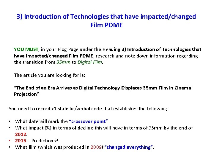 3) Introduction of Technologies that have impacted/changed Film PDME YOU MUST, in your Blog