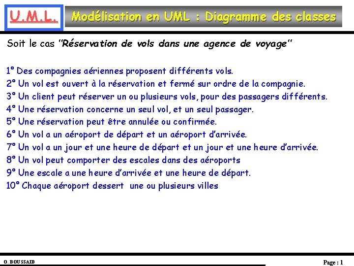 U. M. L. Modélisation en UML : Diagramme des classes Soit le cas ’’Réservation