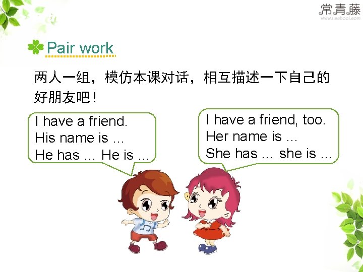 >>Practice Pair work 两人一组,模仿本课对话,相互描述一下自己的 好朋友吧! I have a friend. His name is … He >>Practice Pair work 两人一组,模仿本课对话,相互描述一下自己的 好朋友吧! I have a friend. His name is … He