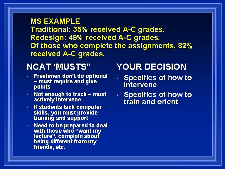 MS EXAMPLE Traditional: 35% received A-C grades. Redesign: 49% received A-C grades. Of those