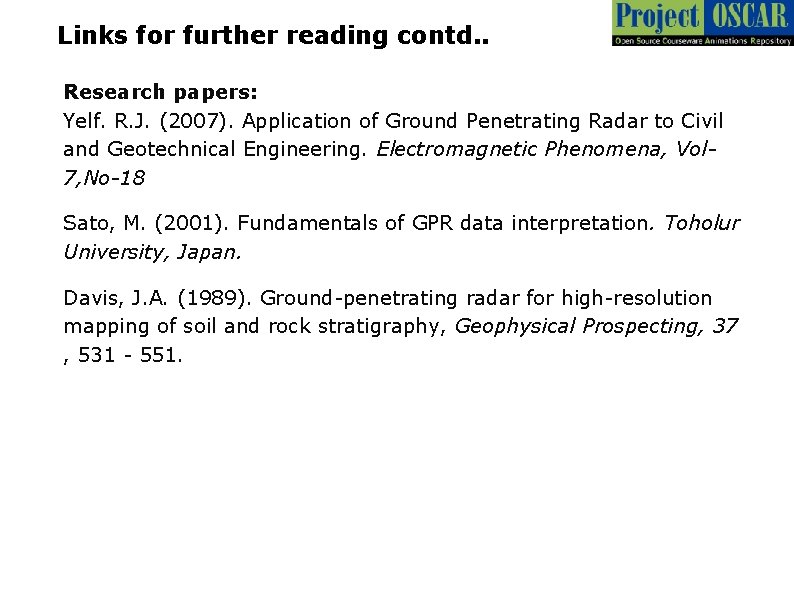Links for further reading contd. . Research papers: Yelf. R. J. (2007). Application of Links for further reading contd. . Research papers: Yelf. R. J. (2007). Application of