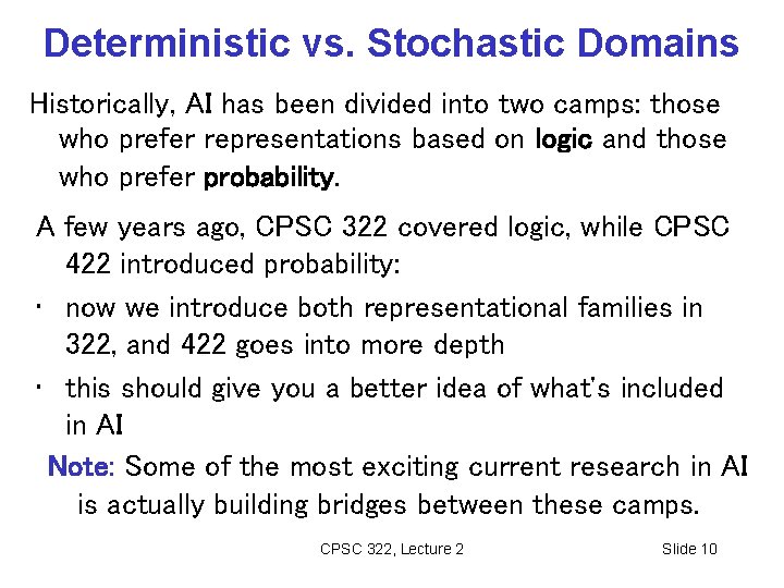 Deterministic vs. Stochastic Domains Historically, AI has been divided into two camps: those who