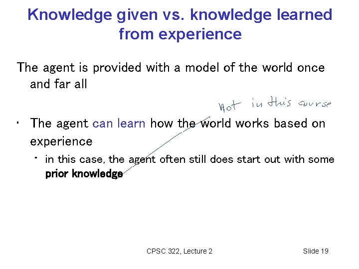 Knowledge given vs. knowledge learned from experience The agent is provided with a model