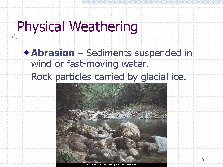 Physical Weathering Abrasion – Sediments suspended in wind or fast-moving water. Rock particles carried