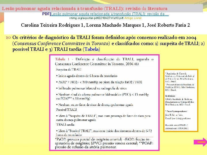 Lesão pulmonar aguda relacionada à transfusão (TRALI): revisão da literatura PDF]Lesão pulmonar aguda relacionada