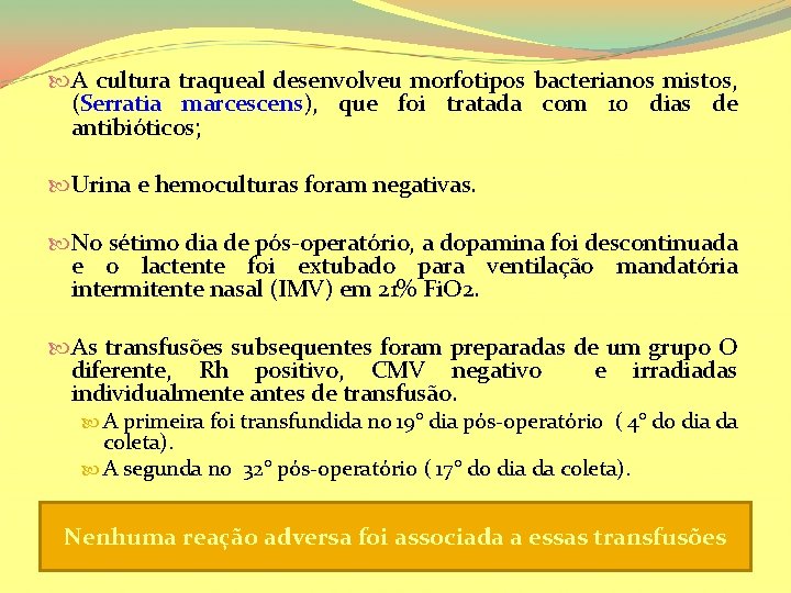  A cultura traqueal desenvolveu morfotipos bacterianos mistos, (Serratia marcescens), que foi tratada com