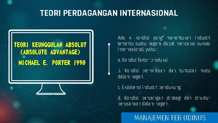 TEORI PERDAGANGAN INTERNASIONAL TEORI KEUNGGULAN ABSOLUT (ABSOLUTE ADVANTAGE) MICHAEL E. PORTER 1990 Ada 4