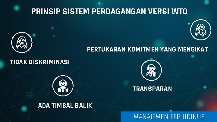 PRINSIP SISTEM PERDAGANGAN VERSI WTO PERTUKARAN KOMITMEN YANG MENGIKAT TIDAK DISKRIMINASI TRANSPARAN ADA TIMBAL