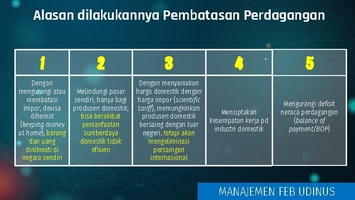 Alasan dilakukannya Pembatasan Perdagangan 1 Dengan mengurangi atau membatasi impor, devisa dihemat (keeping money