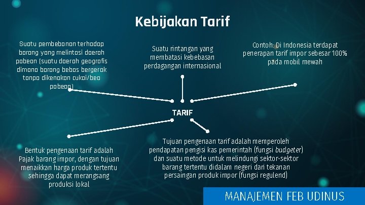 Kebijakan Tarif Suatu pembebanan terhadap barang yang melintasi daerah pabean (suatu daerah geografis dimana