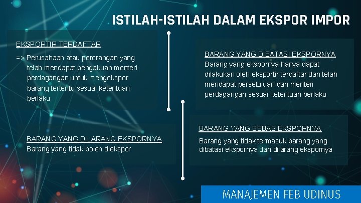 ISTILAH-ISTILAH DALAM EKSPOR IMPOR EKSPORTIR TERDAFTAR => Perusahaan atau perorangan yang telah mendapat pengakuan