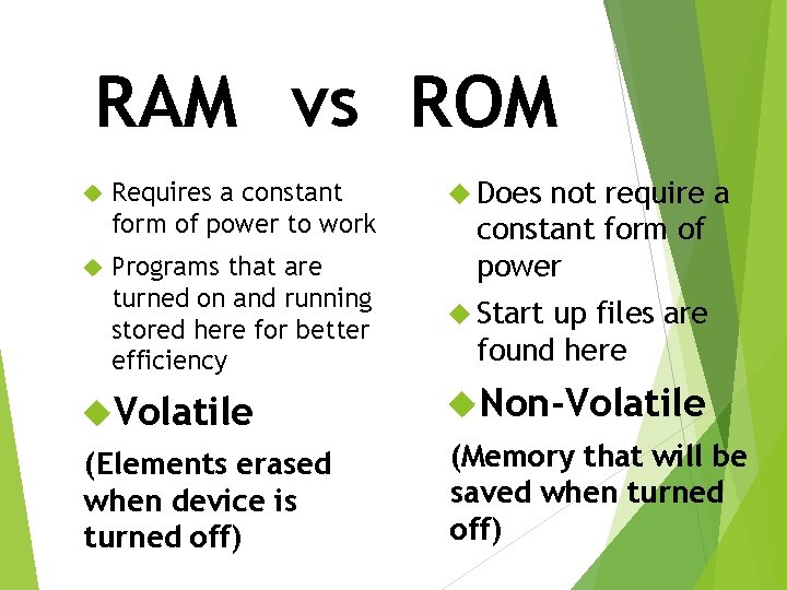 RAM vs ROM Requires a constant form of power to work Programs that are
