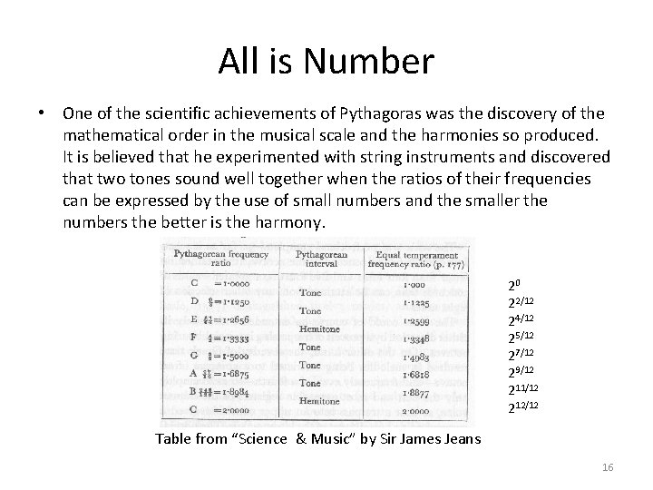 All is Number • One of the scientific achievements of Pythagoras was the discovery