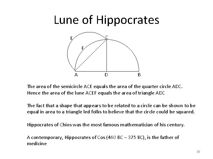 Lune of Hippocrates C E F A D B The area of the semicircle