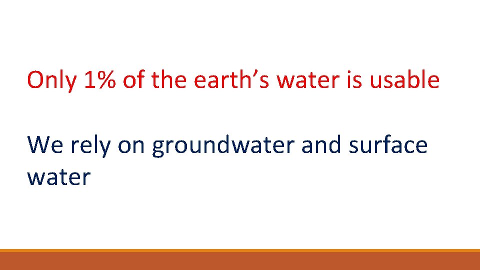 Only 1% of the earth’s water is usable We rely on groundwater and surface