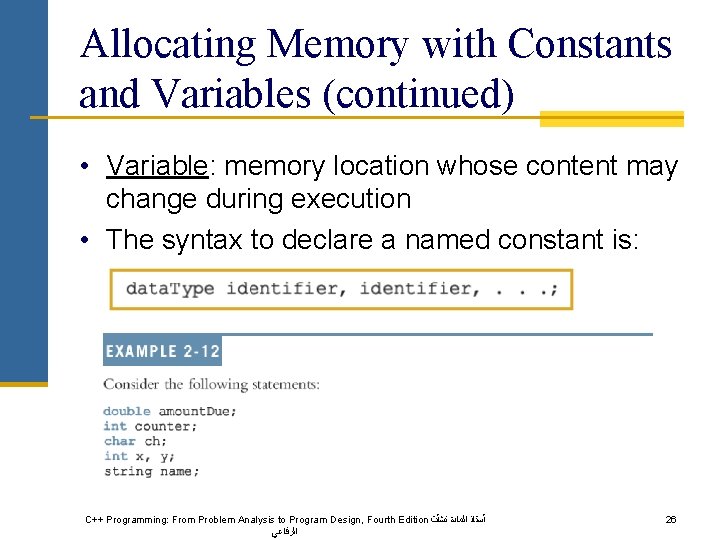 Allocating Memory with Constants and Variables (continued) • Variable: memory location whose content may