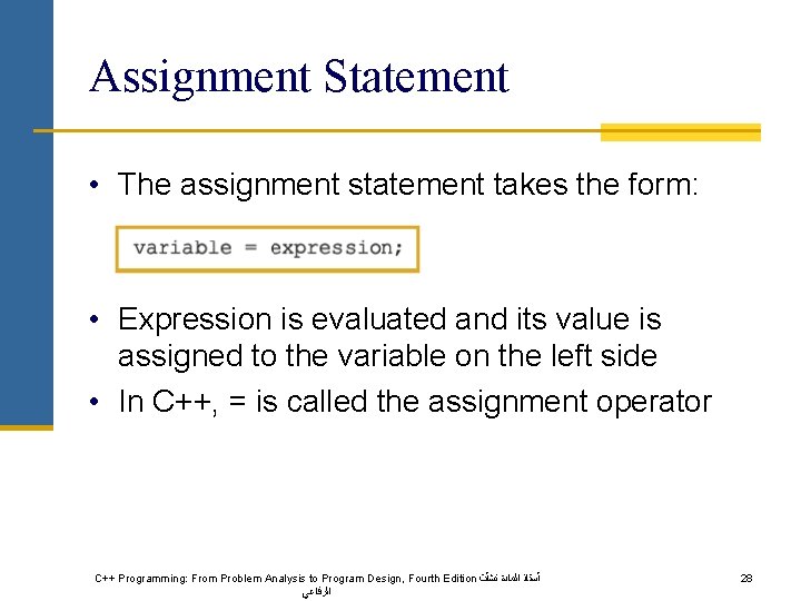 Assignment Statement • The assignment statement takes the form: • Expression is evaluated and