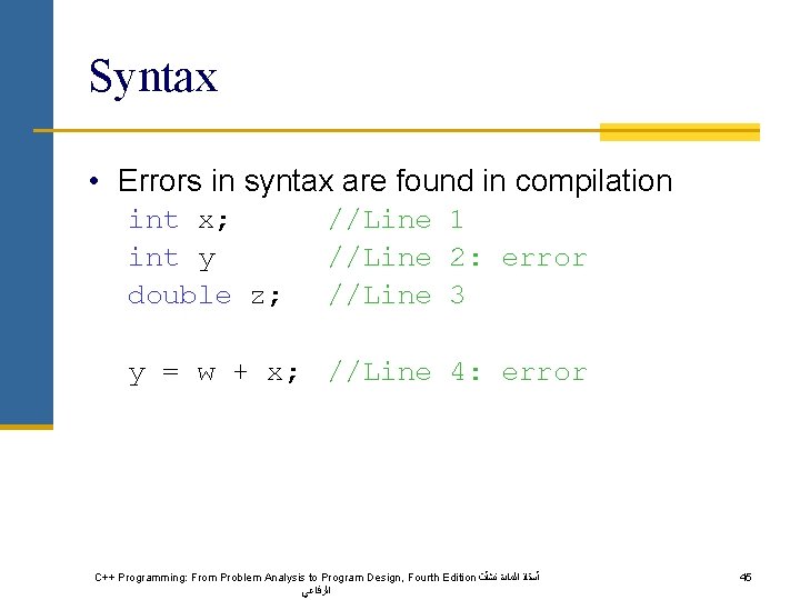 Syntax • Errors in syntax are found in compilation int x; int y double