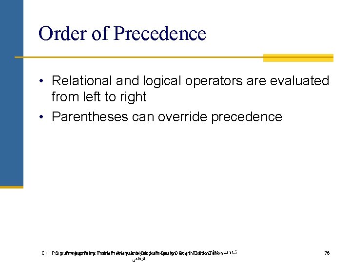 Order of Precedence • Relational and logical operators are evaluated from left to right