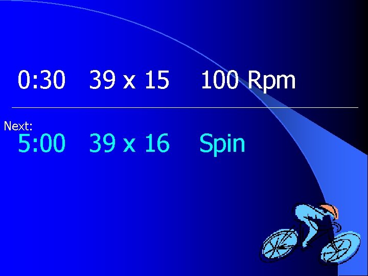 0: 30 39 x 15 Next: 5: 00 39 x 16 100 Rpm Spin