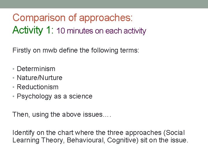 Comparison of approaches: Activity 1: 10 minutes on each activity Firstly on mwb define
