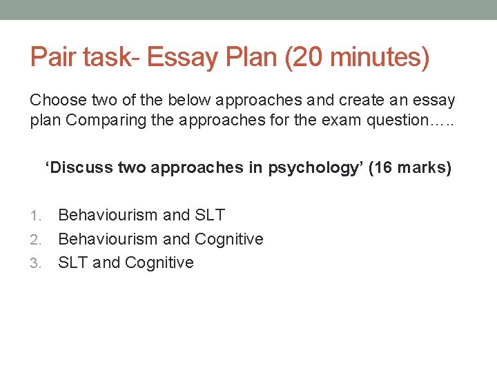 Pair task- Essay Plan (20 minutes) Choose two of the below approaches and create